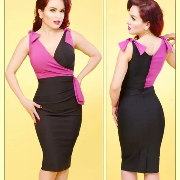 NWOT Gorgeous 2 tone wiggle dress by Stop Staring in Pink&Black w/ bow accents - Picture 1 of 6